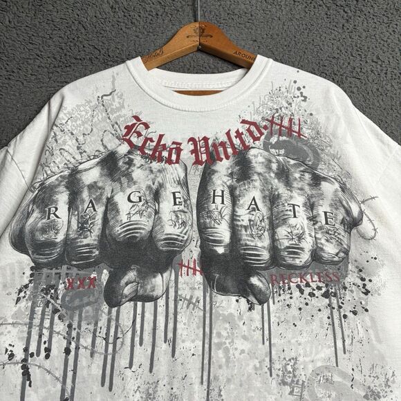 Y2K Eckō Unltd T-Shirt Mens 2XL White Double Sided Grunge Mma Cyber - Picture 1 of 13